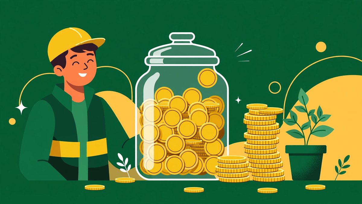 Ilustração de trabalhador ao lado de um grande pote de vidro cheio de moedas e de pilhas de moedas, representando o saldo do FGTS
