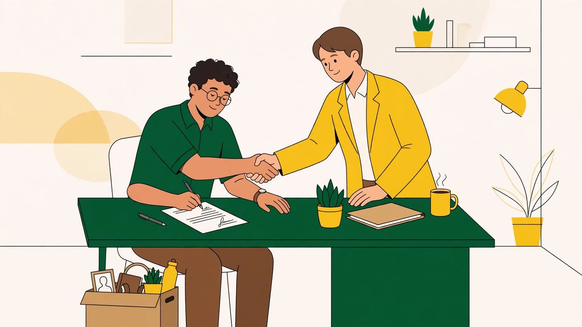 Ilustração de trabalhador assinando a rescisão do contrato de trabalho e apertando a mão do empregador, ao lado da caixa com seus pertences