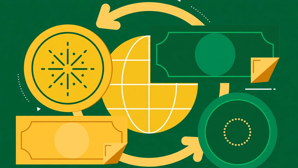 Ilustração de moedas, cédulas e um globo cercados por setas de câmbio, representando o conversor de moedas